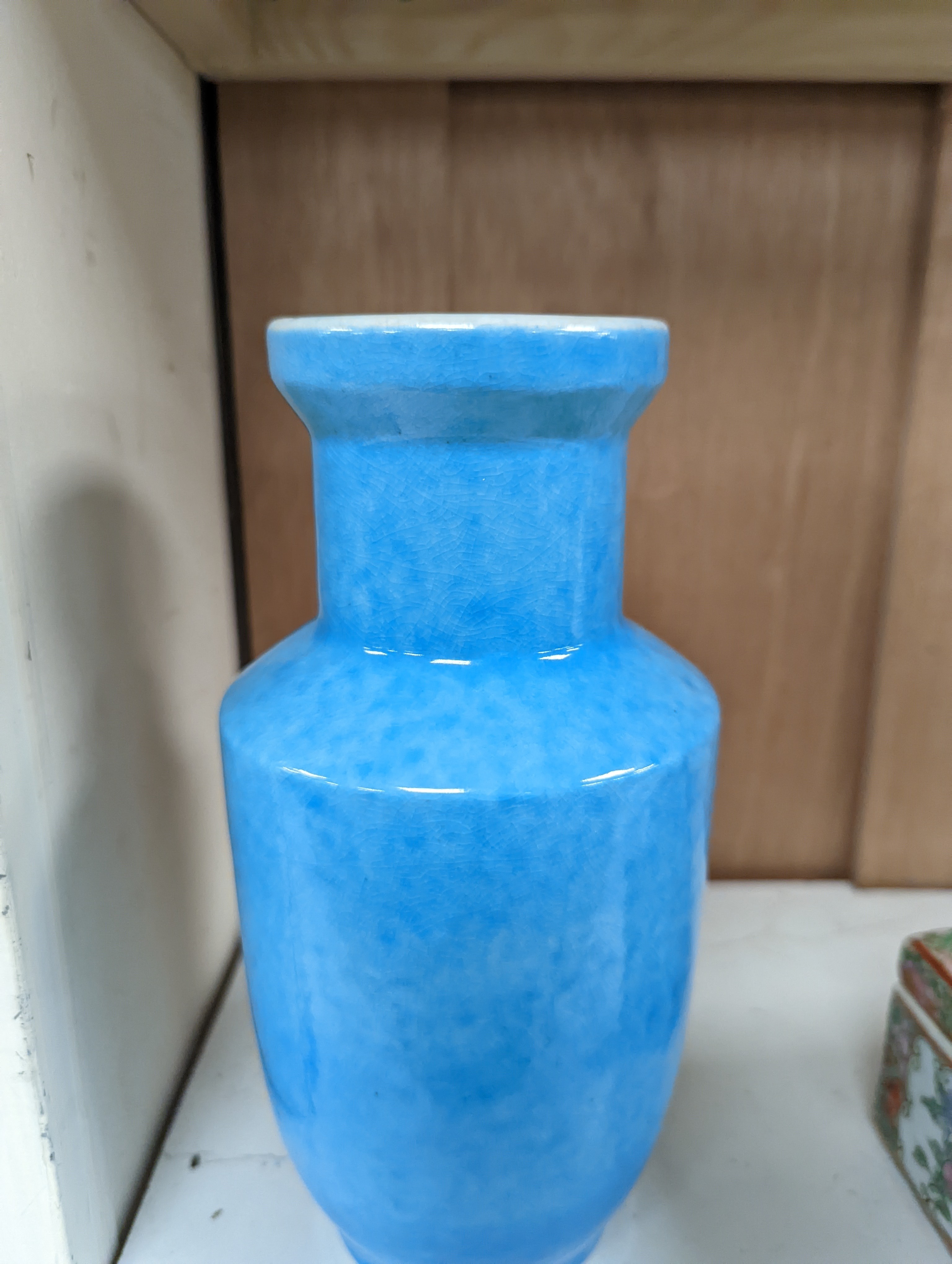 A Chinese turquoise glazed vase 22cm, with a fine crackle to the exterior glaze